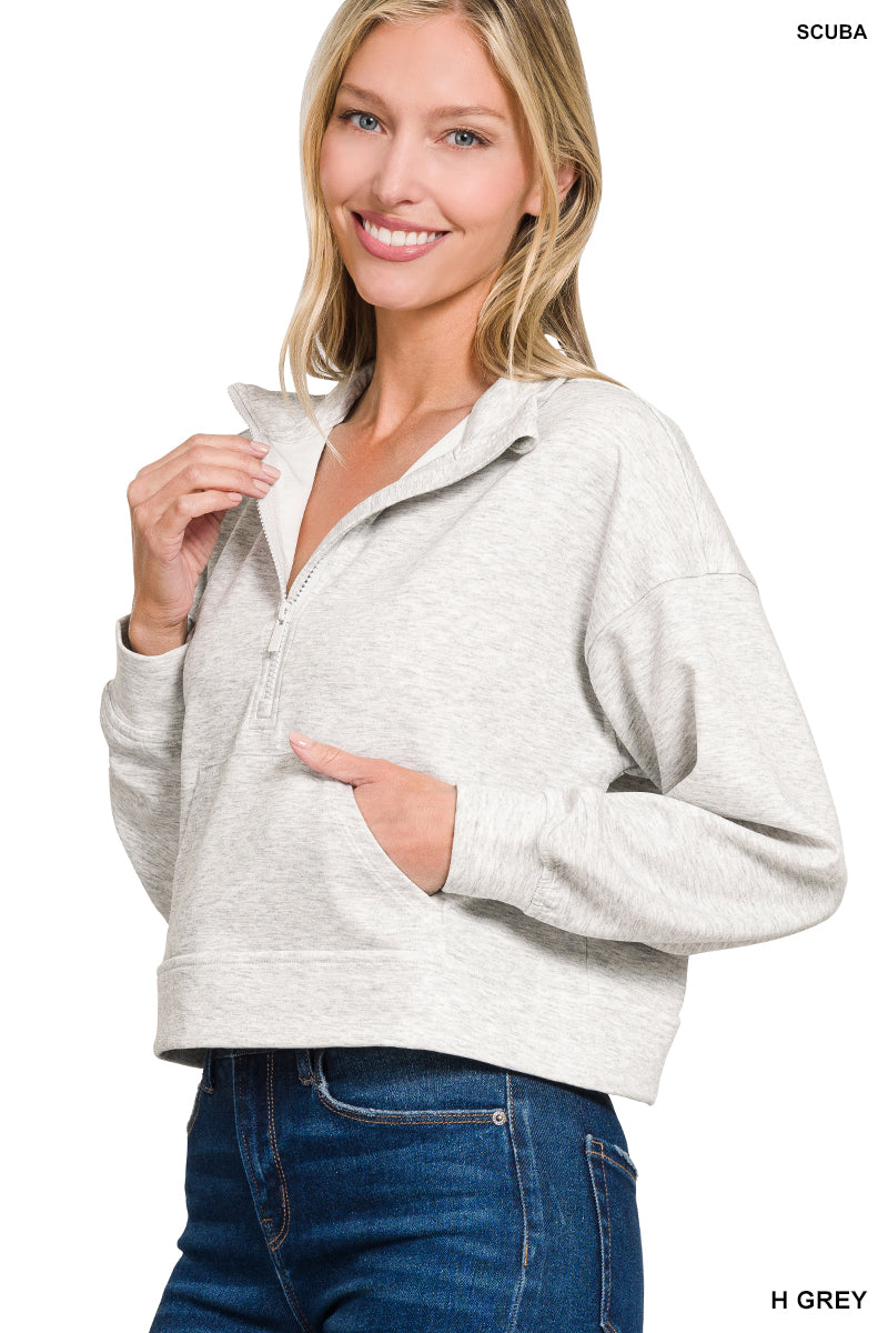 Zenana Scuba Half Zip Pullover With Kangaroo Pockets 