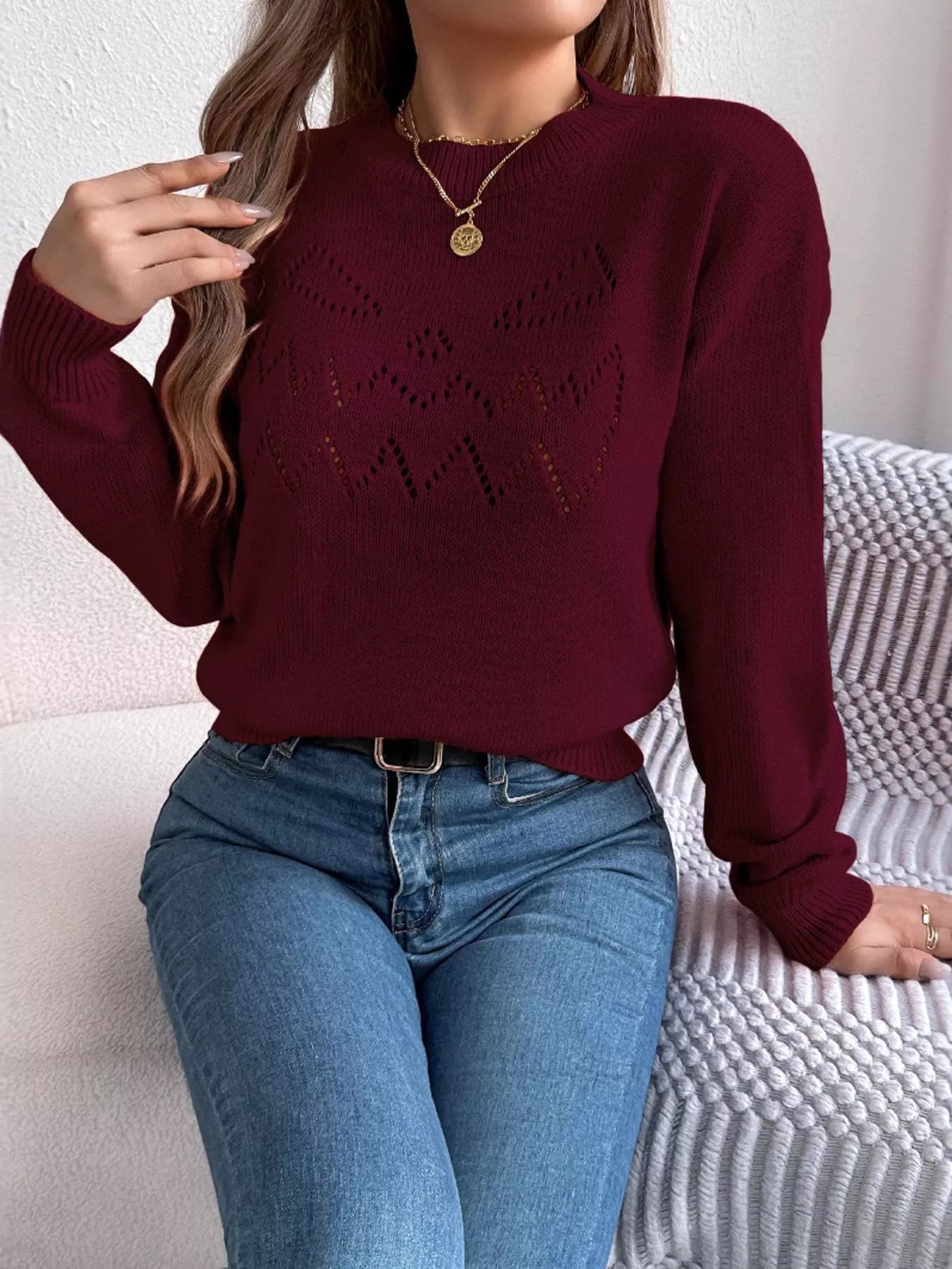 Openwork Round Neck Long Sleeve Sweater 