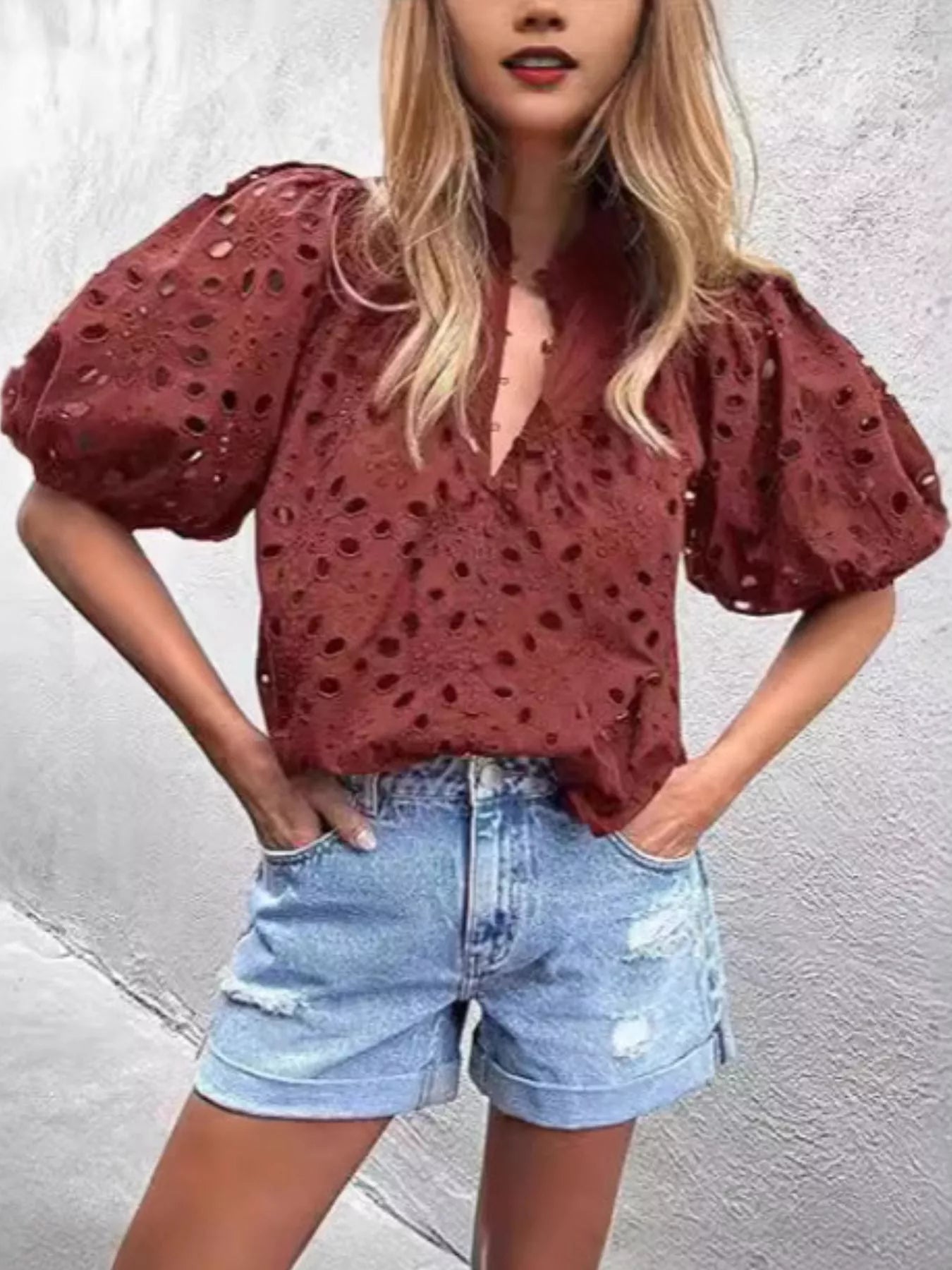 Eyelet Embroidered Puff Sleeve Blouse 