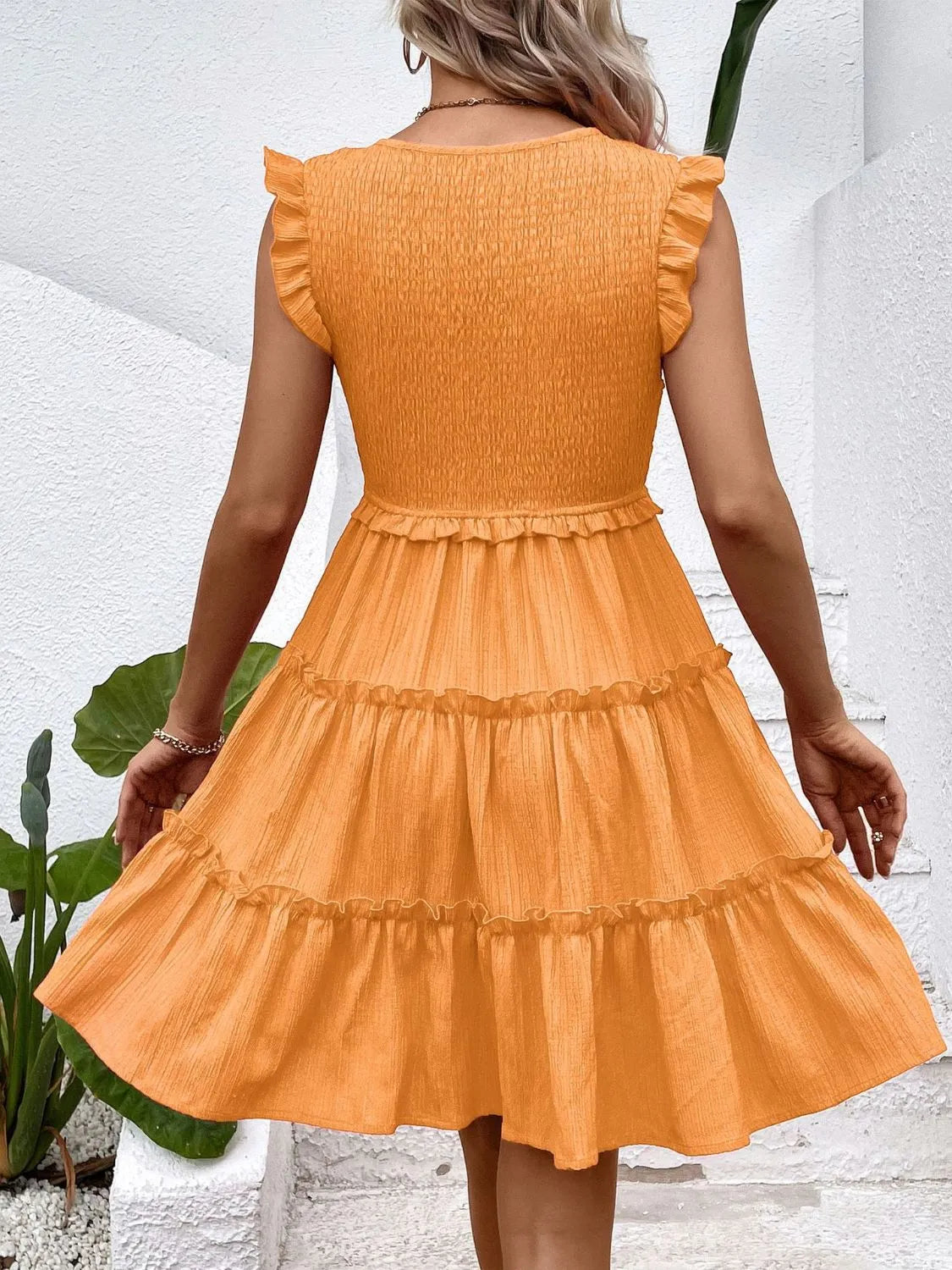Ruffled V-Neck Cap Sleeve Dress 