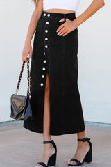 Button Fly Side Split Denim Midi Skirt 