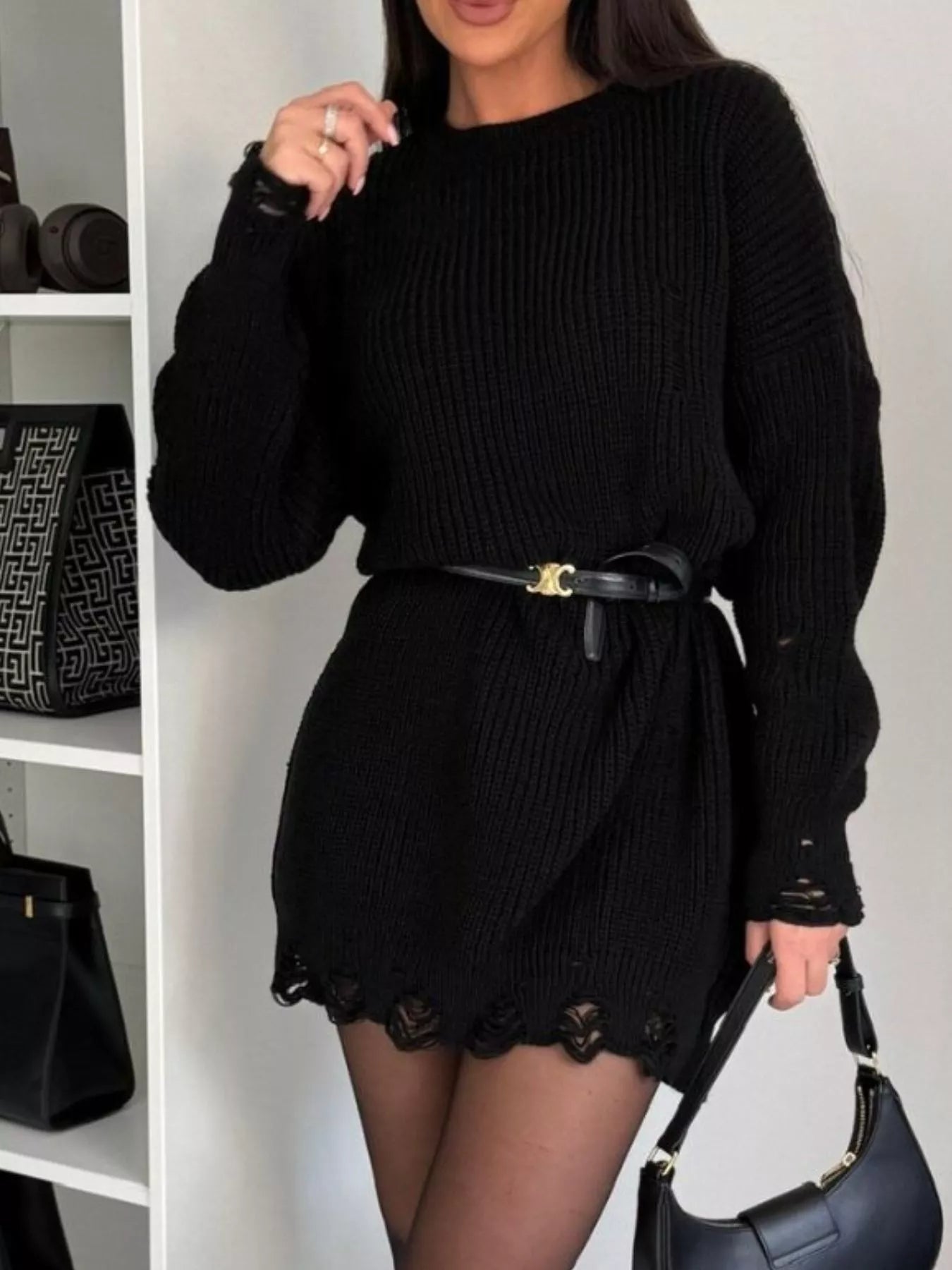 Distressed Round Neck Drop Shoulder Sweater Dress 