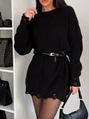 Distressed Round Neck Drop Shoulder Sweater Dress 