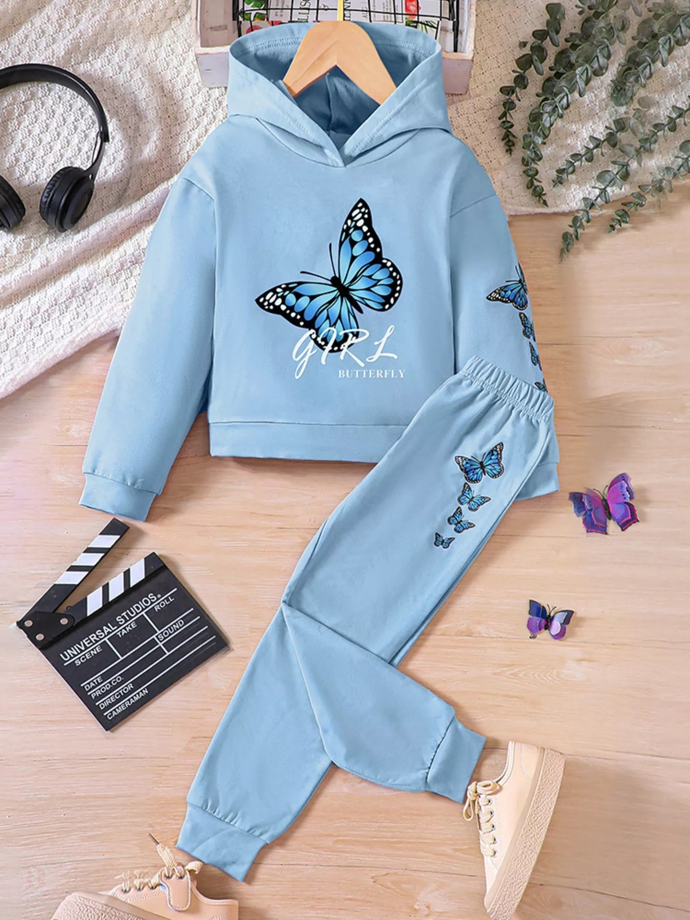 Childrens's Butterfly Print Hoodie & Pants Set 