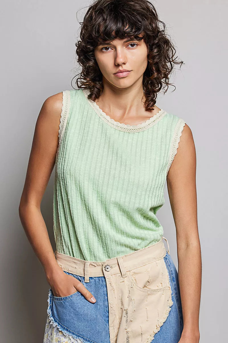 POL Ribbed Round Neck Tank with Lace Trim 