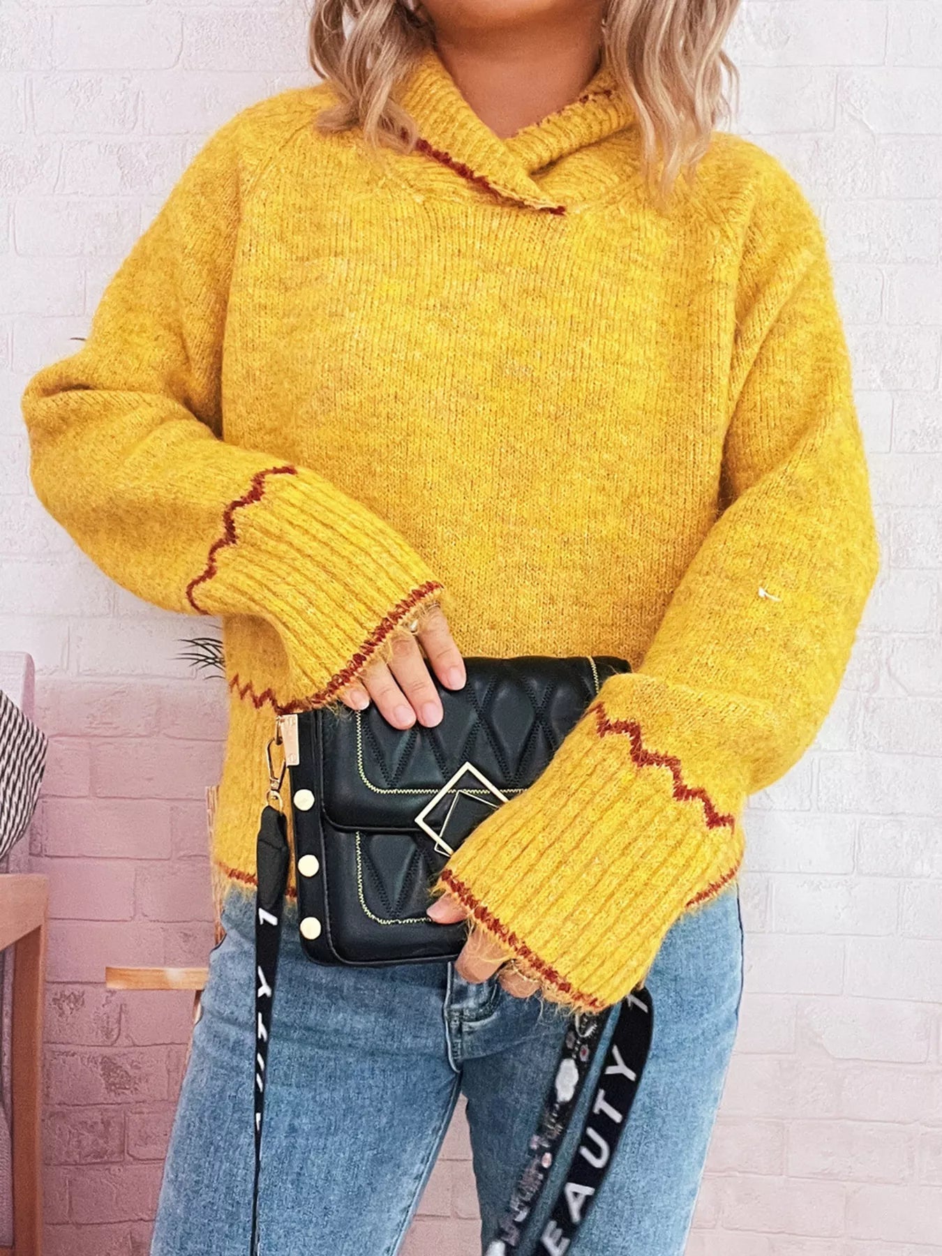 Ribbed Contrast Trim Long Sleeve Sweater 
