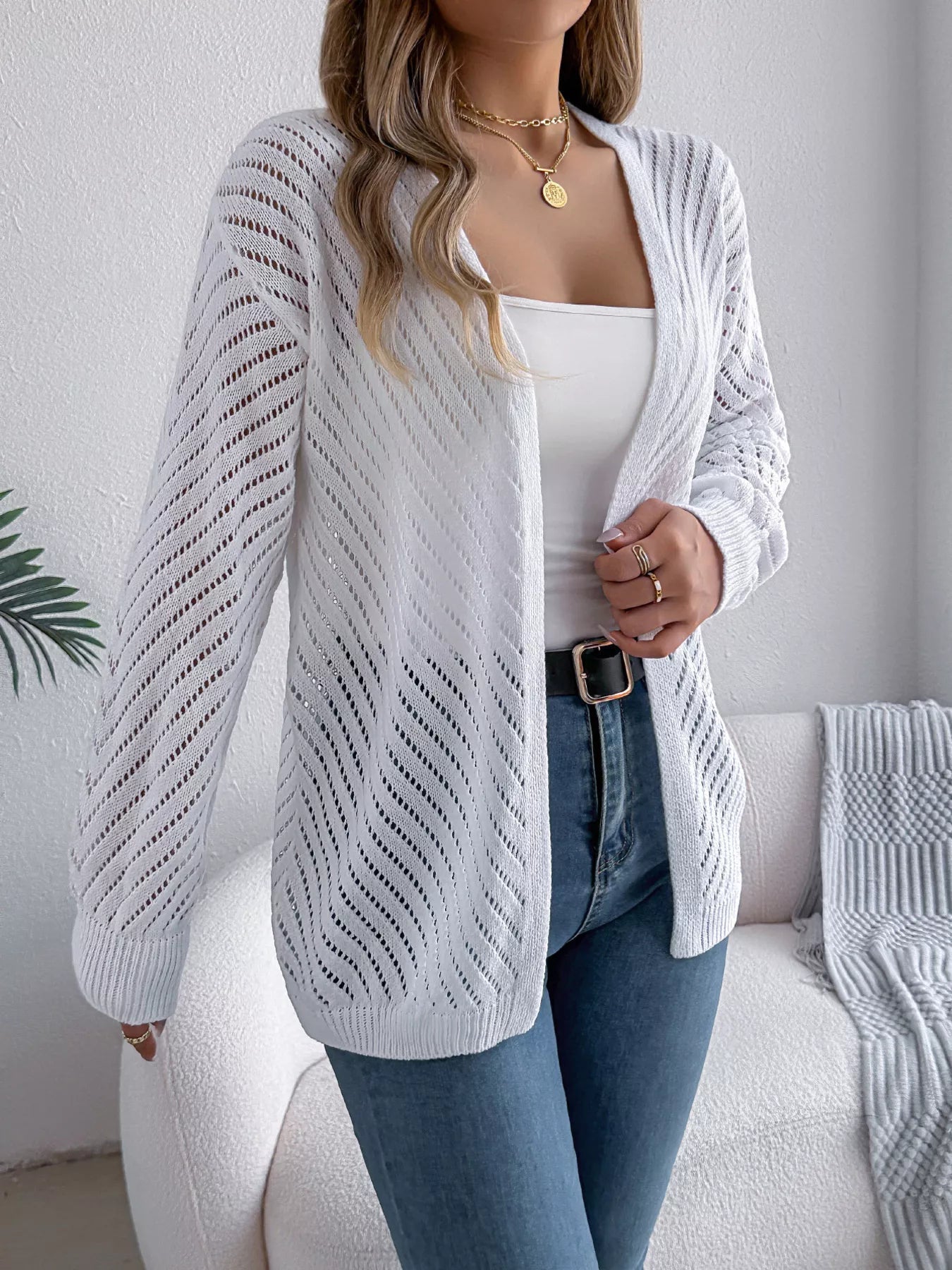 Openwork Open-Front Long Sleeve Cardigan 