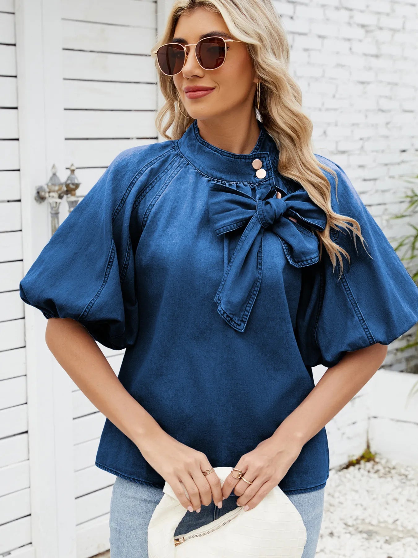 Denim Bow Tie Puff Sleeve Top 