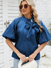 Denim Bow Tie Puff Sleeve Top 