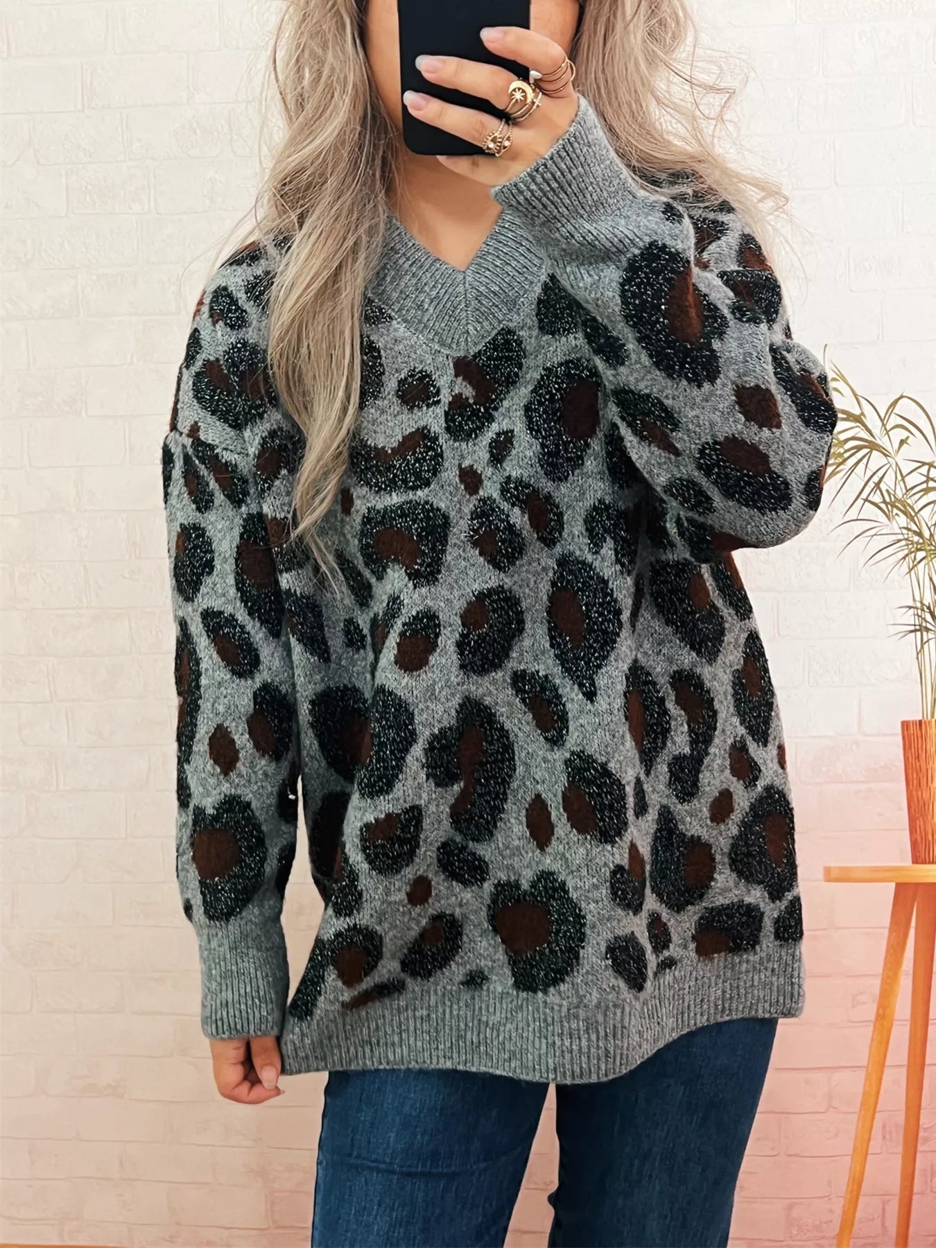 Leopard V-Neck Drop Shoulder Sweater 