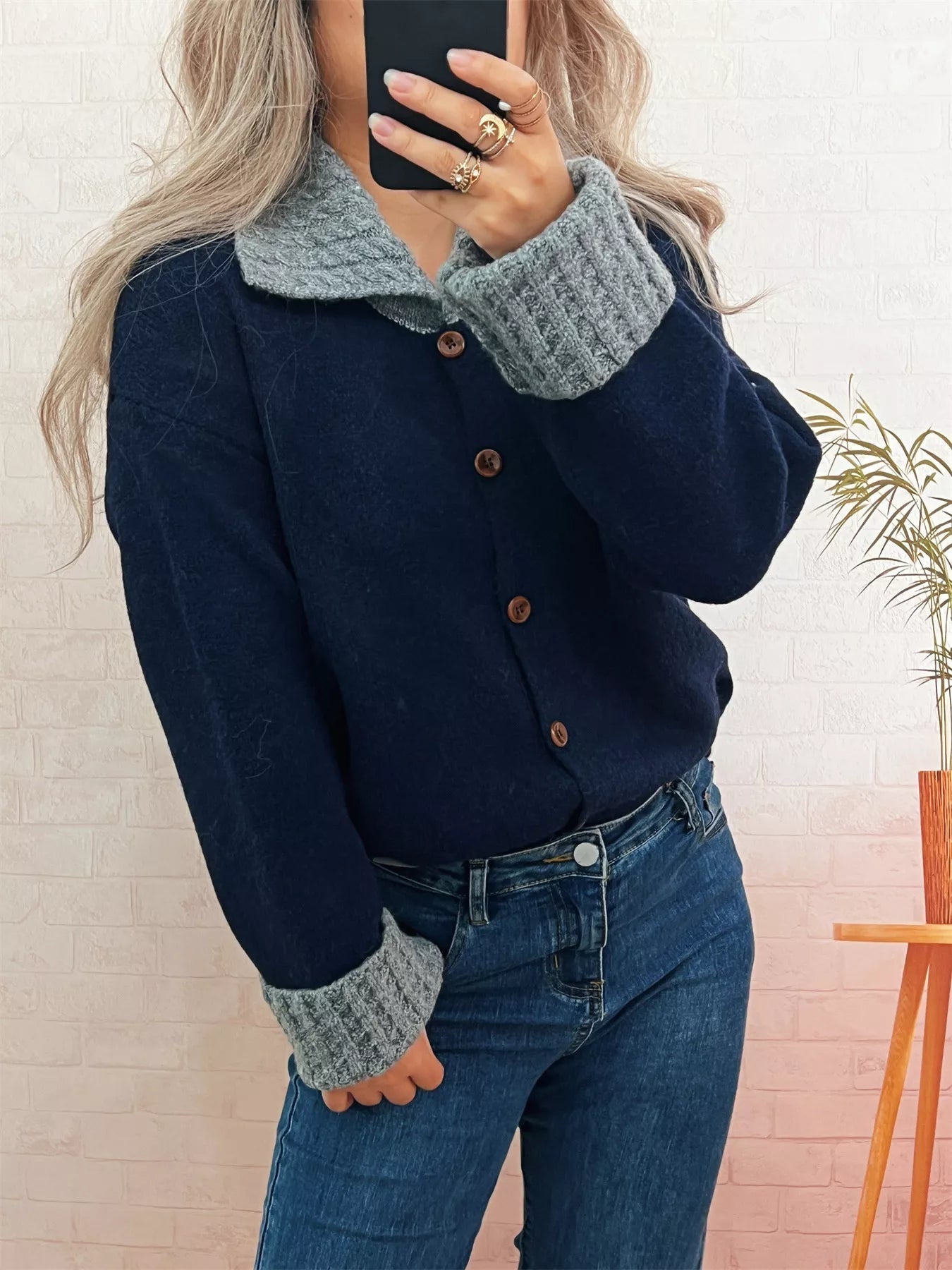 Striped Knit Button Down Cardigan with Collar 
