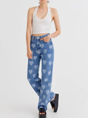 Heart Pattern High-Waist Wide Leg Jeans 