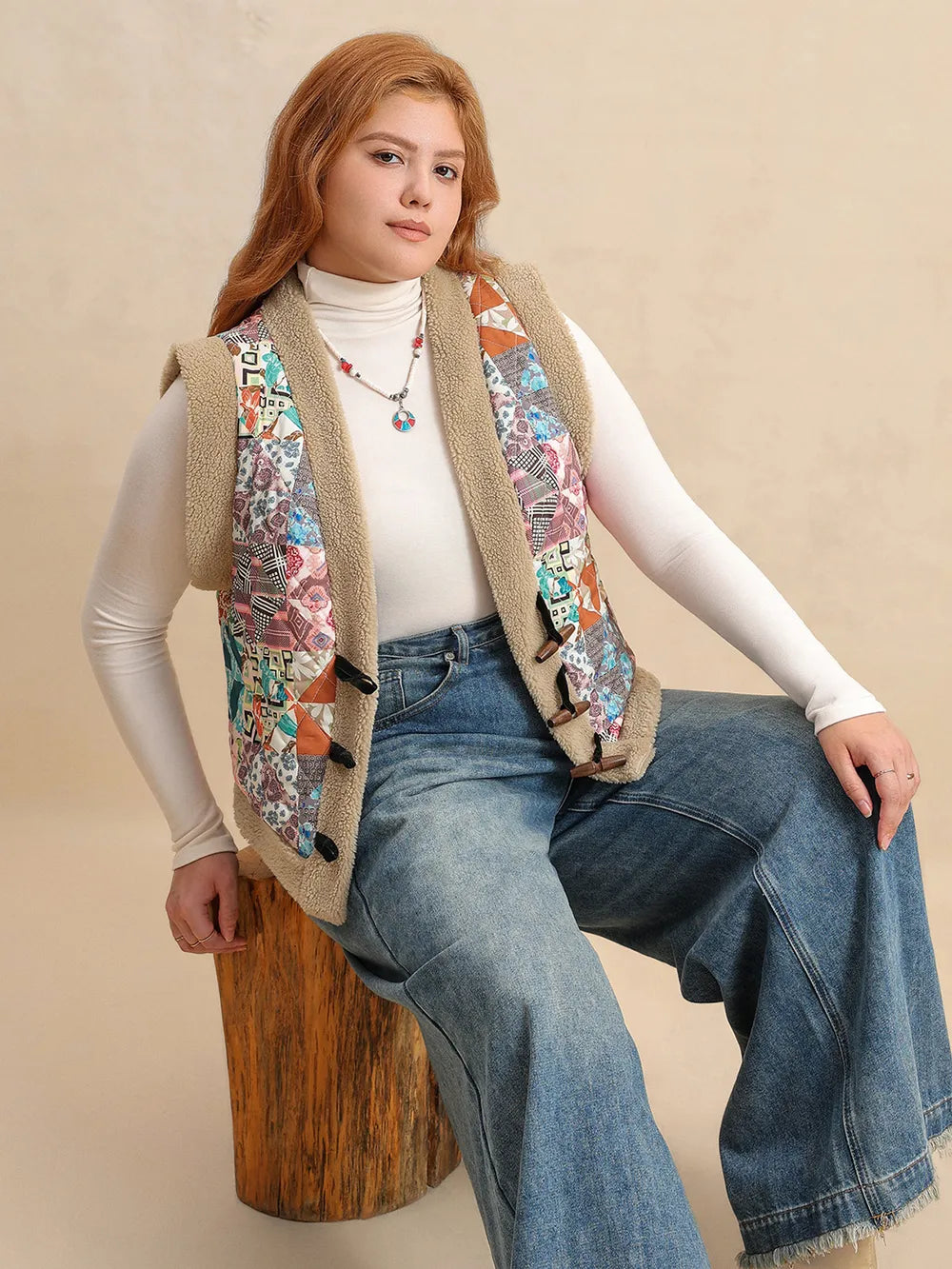 Plus Size Printed Sherpa Vest Coat 