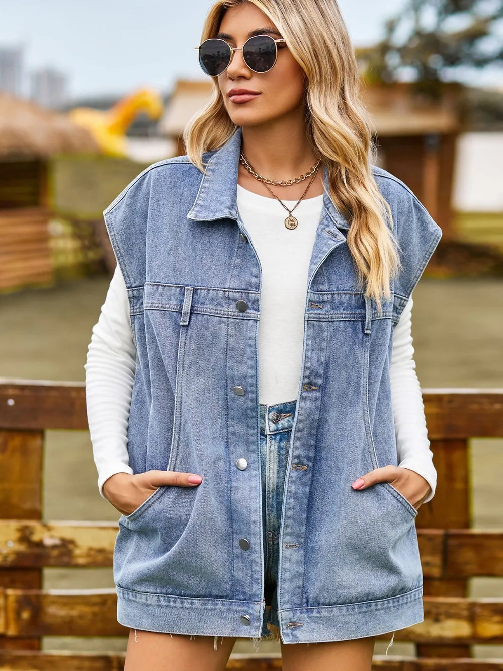 Button Up Collared Neck Sleeveless Denim Jacket 
