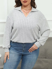 Plus Size Ribbed Knit Polo Collar T-Shirt 