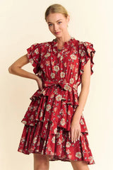 Davi & Dani Ruffle Flutter Sleeve Tie Belt Tiered Mini Dress 