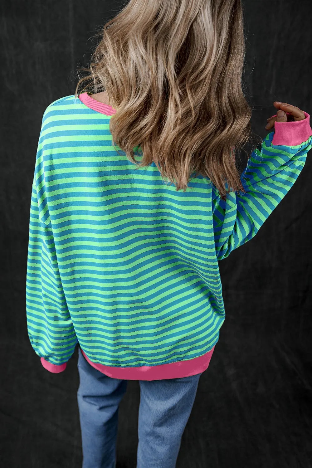 Pumpkin Striped Round Neck Long Sleeve Sweatshirt 