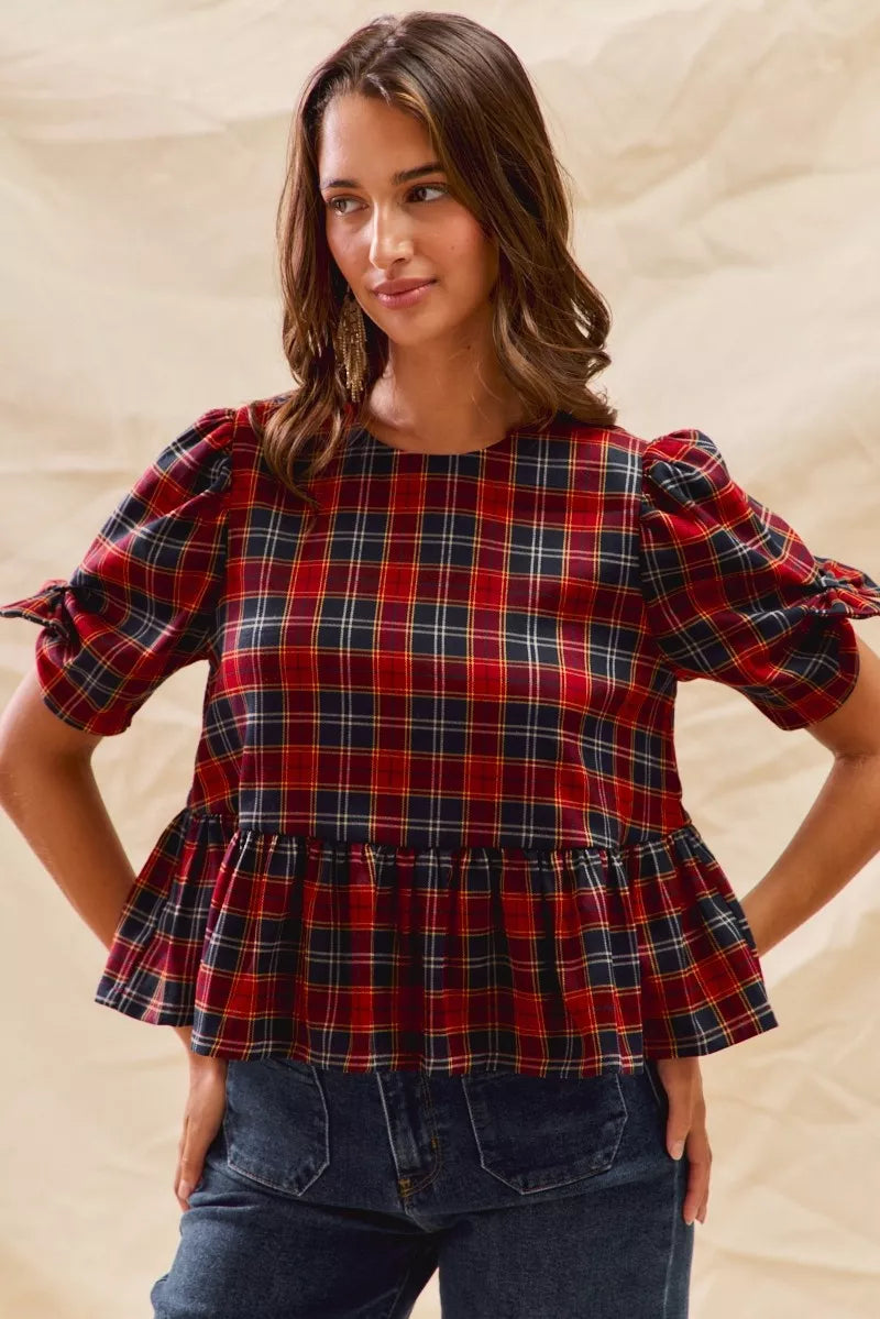SO ME Christmas Holiday Plaid Ribbon Short Sleeves Top 