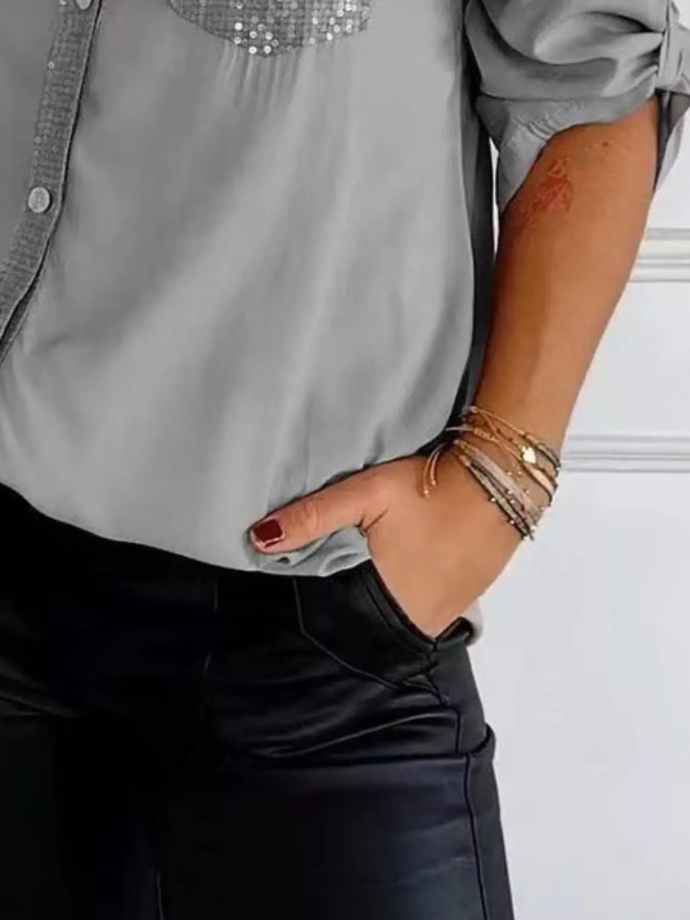 Full Size Sequin Detail Button-Down Shirt Plus Size 