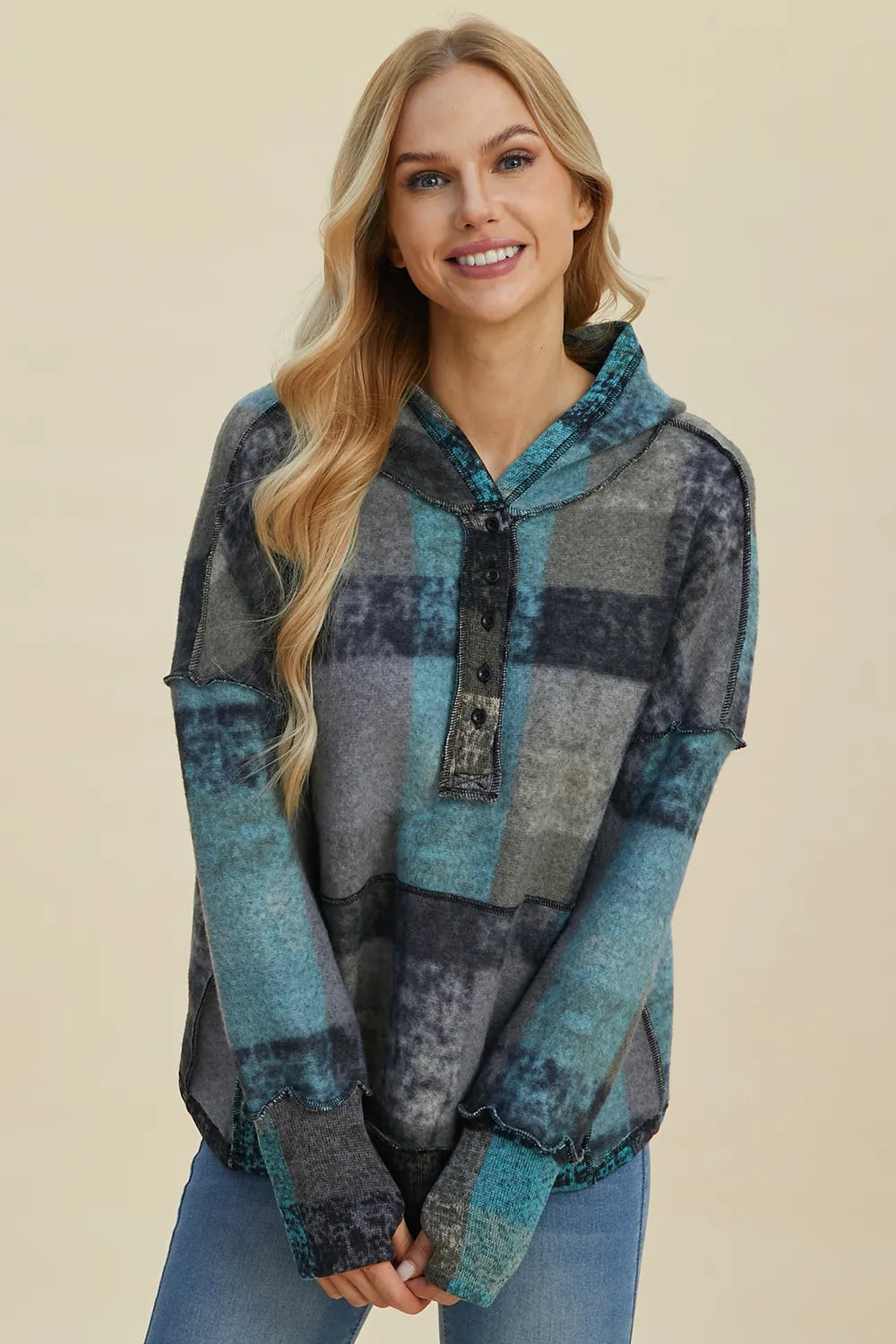 Double Take Full Size Plaid Dropped Shoulder Fleece Hoodie 