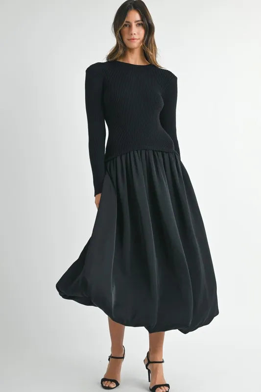 MABLE Ribbed Poplin Mix Midi Sweater Dress 