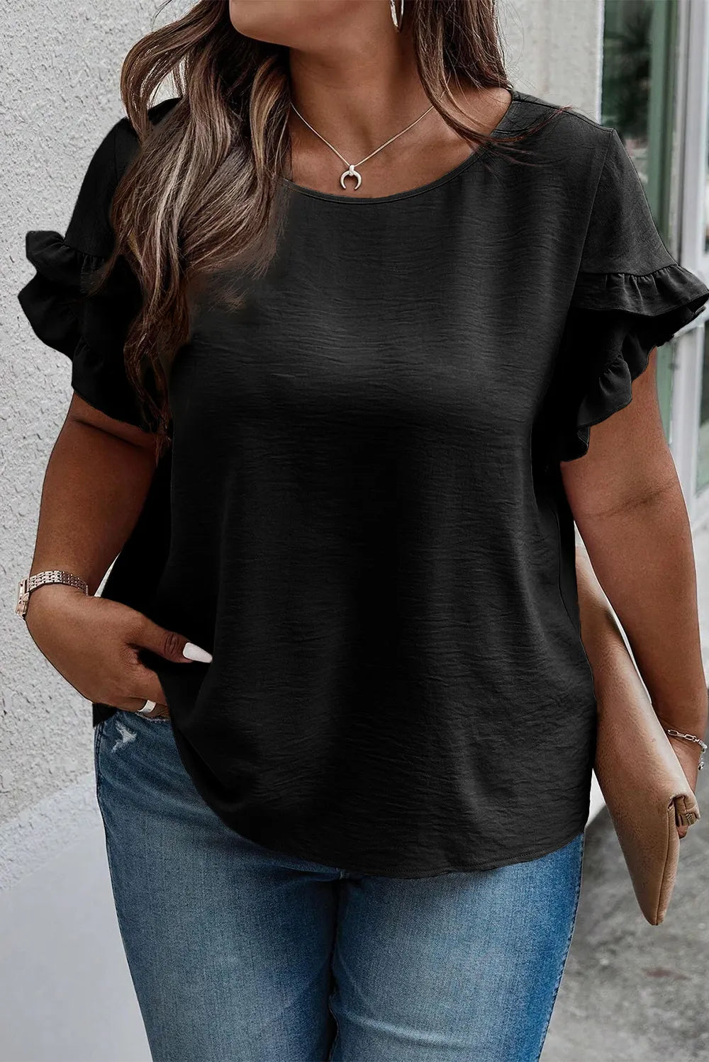 Plus Size Ruffled Round Neck Short Sleeve Blouse 