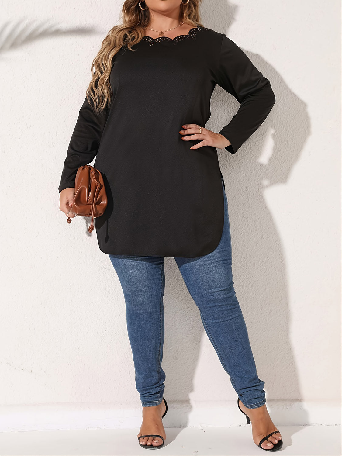 Plus Size Slit Long Sleeve T-Shirt 