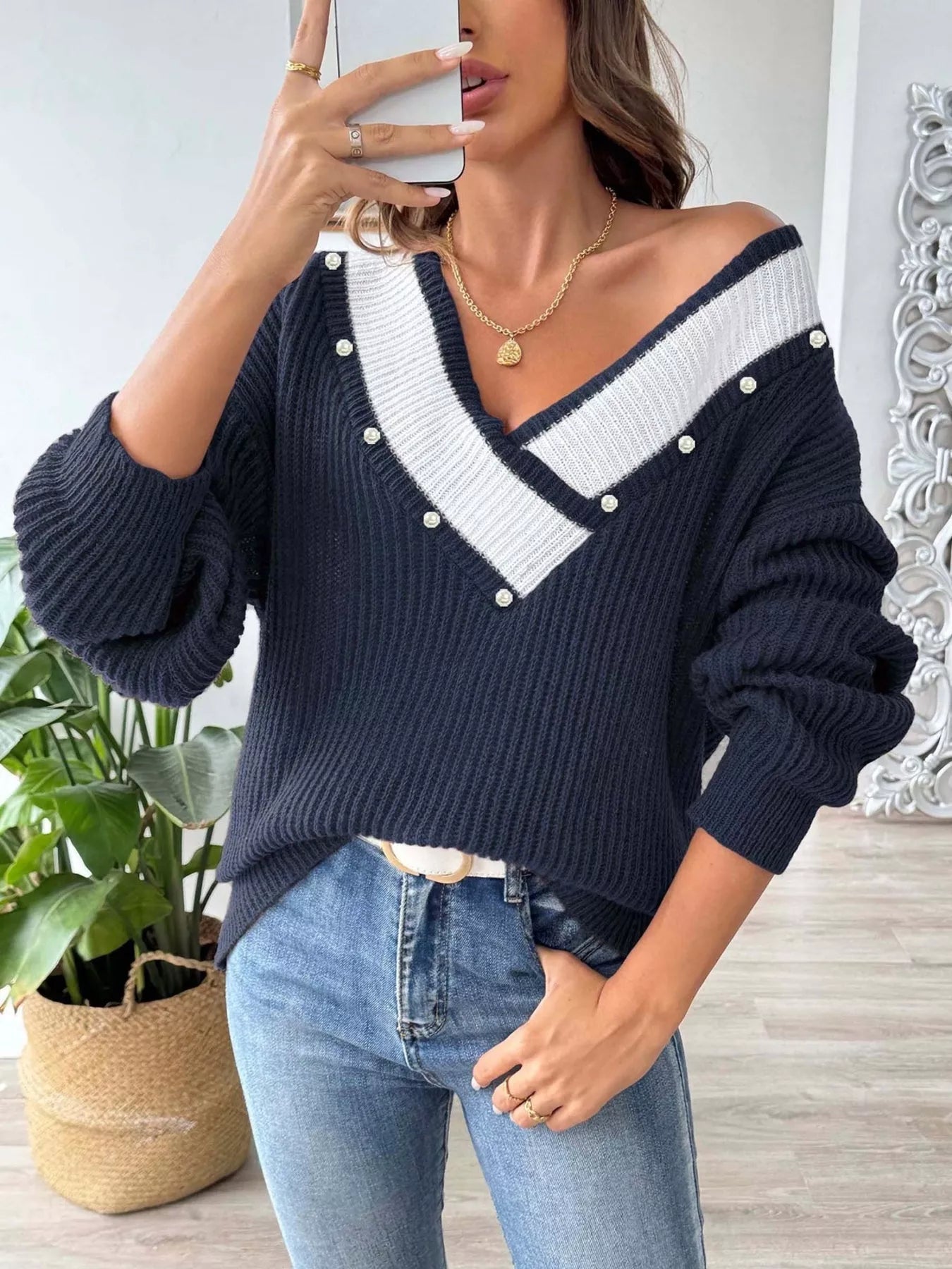 V-Neck Button-Decorated Sweater 