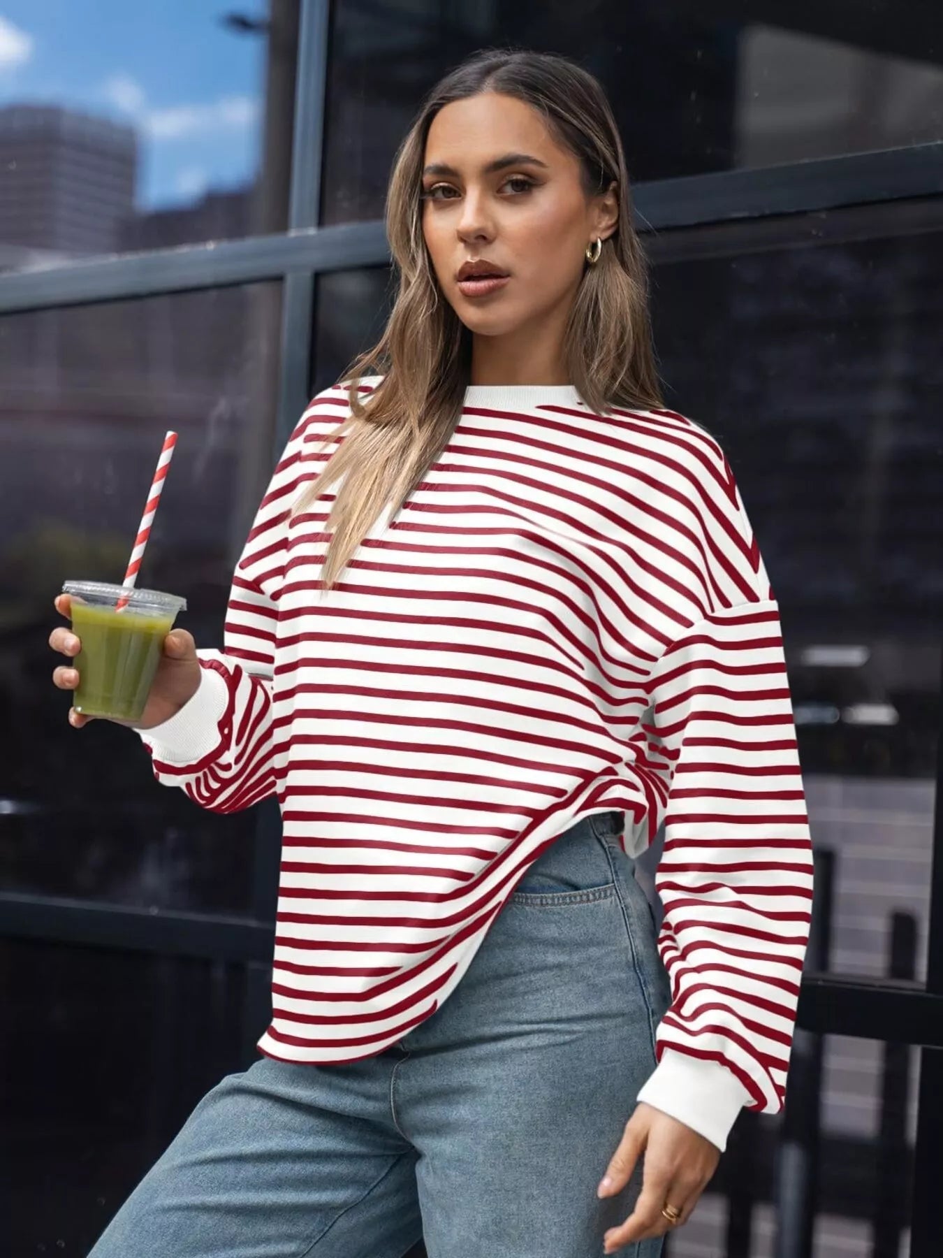 Striped Round Neck Oversized Casual Sweatshirt 