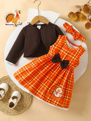 Children's Plaid Turkey Embroidered Bowknot Dress 3 Piece Set 