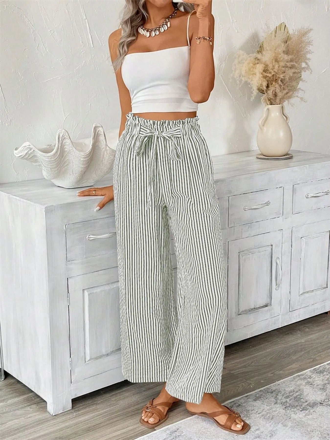 Full Size Striped Wide Leg Paper Bag Pants Plus Size 