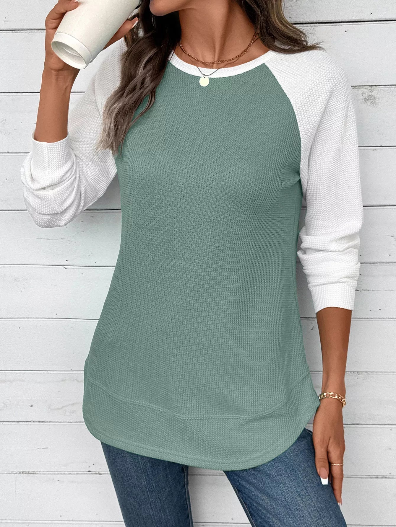 Contrast Raglan Sleeve Waffle Knit T-Shirt 