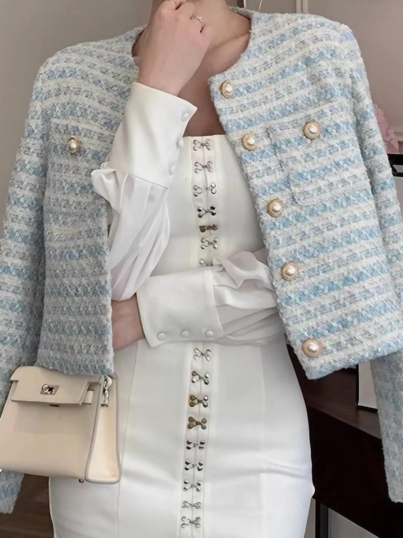 Button Up Cropped Tweed Outerwear 