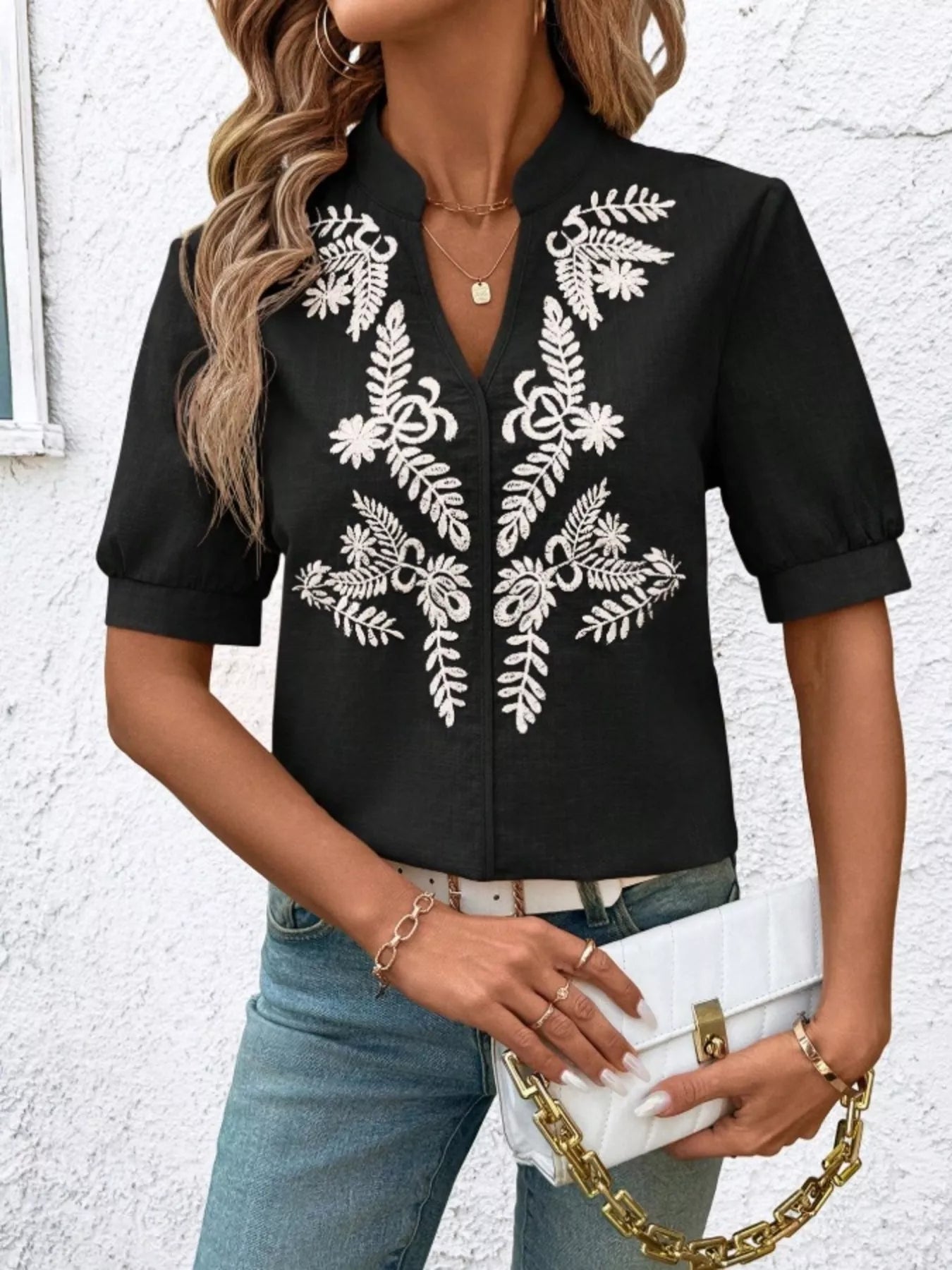 Embroidered Notched Short Sleeve Blouse 