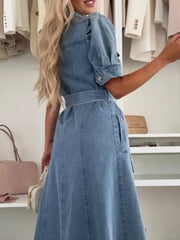 Puff Sleeve Button Down Belted Denim Midi Dress 