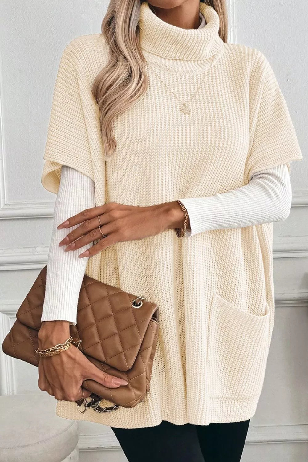 Turtleneck Knit Short Sleeve Sweater 