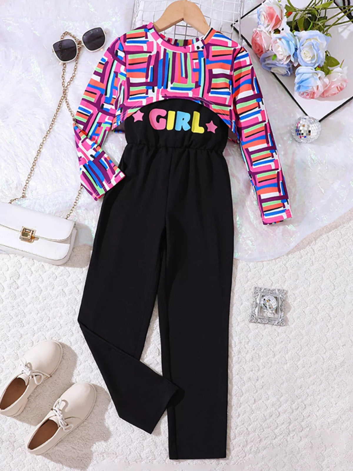 Children's Colorful Geometric Print Top & Jumpsuit Set 