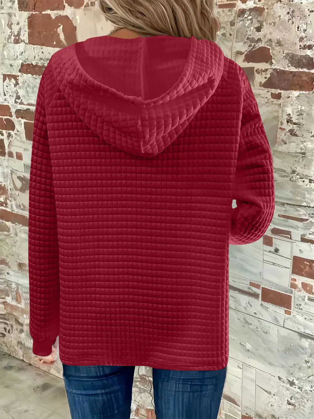 Full Size Texture Button Detail Drawstring Long Sleeve Hoodie 
