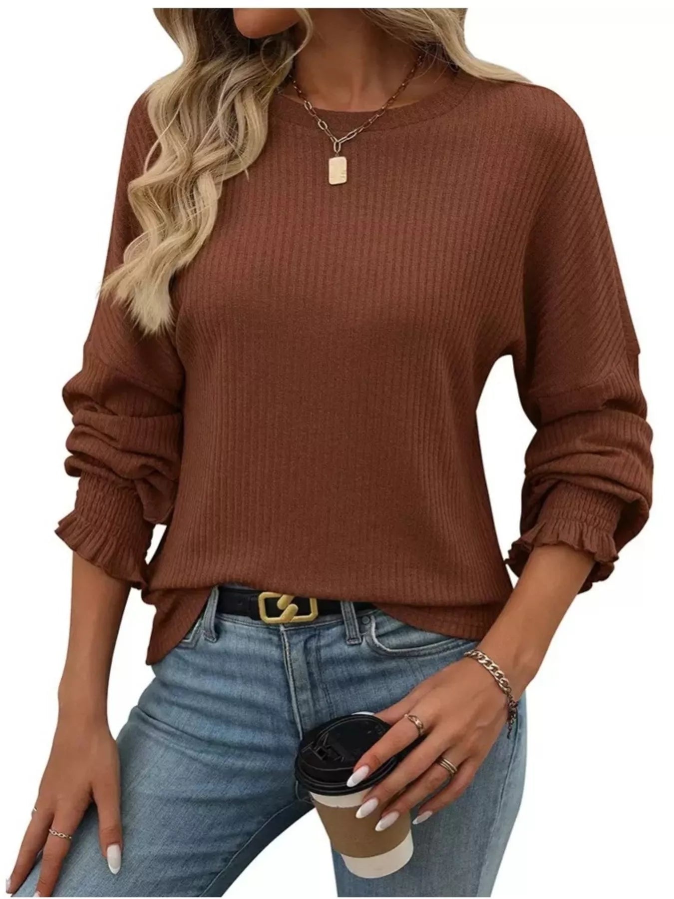 Ribbed Knit Long Sleeve T-Shirt 