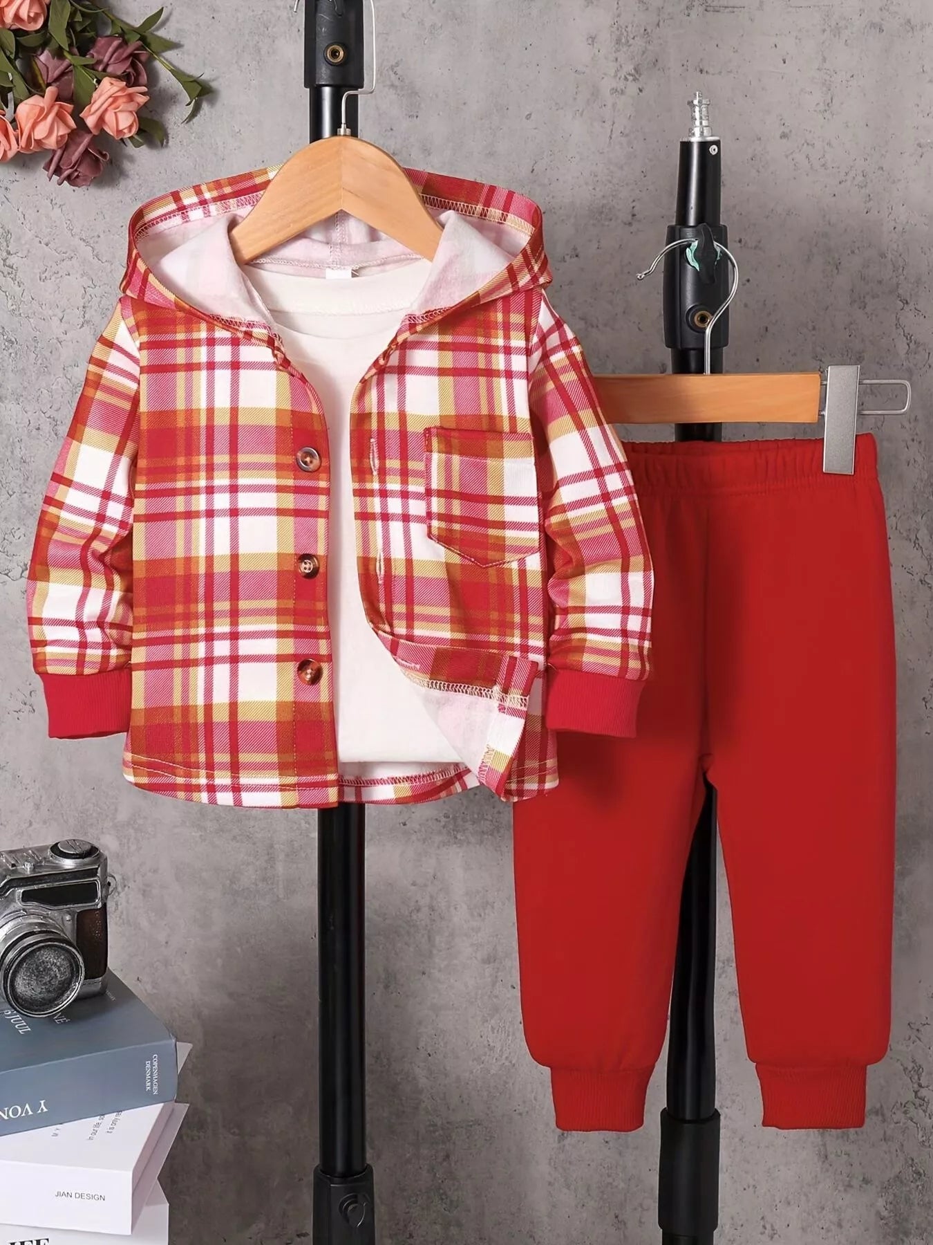 Children's Plaid Button Up Hooded Top & Pants Set 