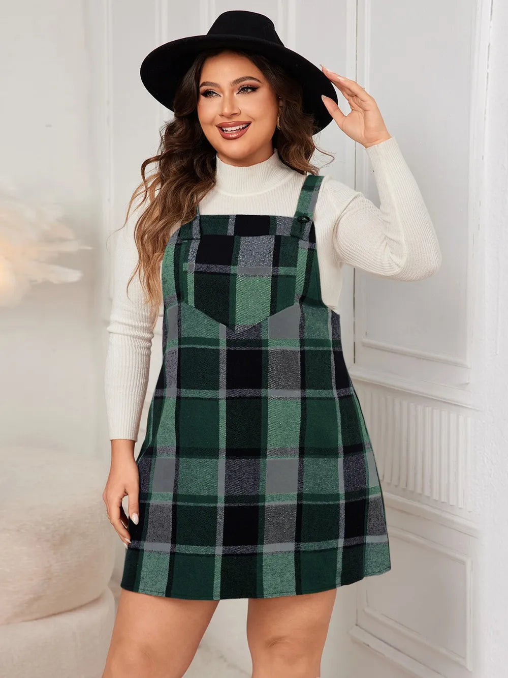 Honey Plus Size Plaid Wide Strap Overall Dress 
