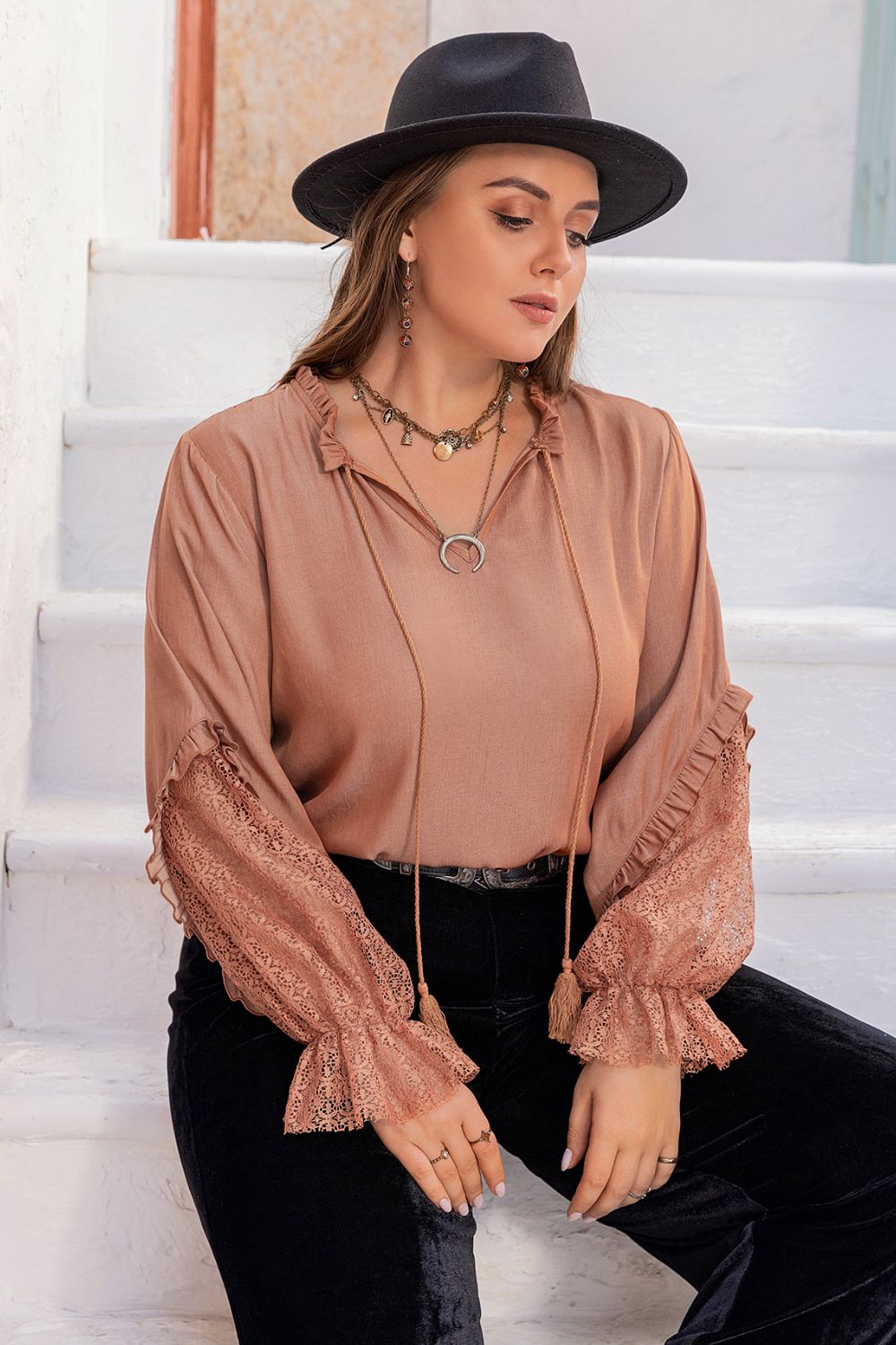 Plus Size Tie Neck Flounce Sleeve Blouse 