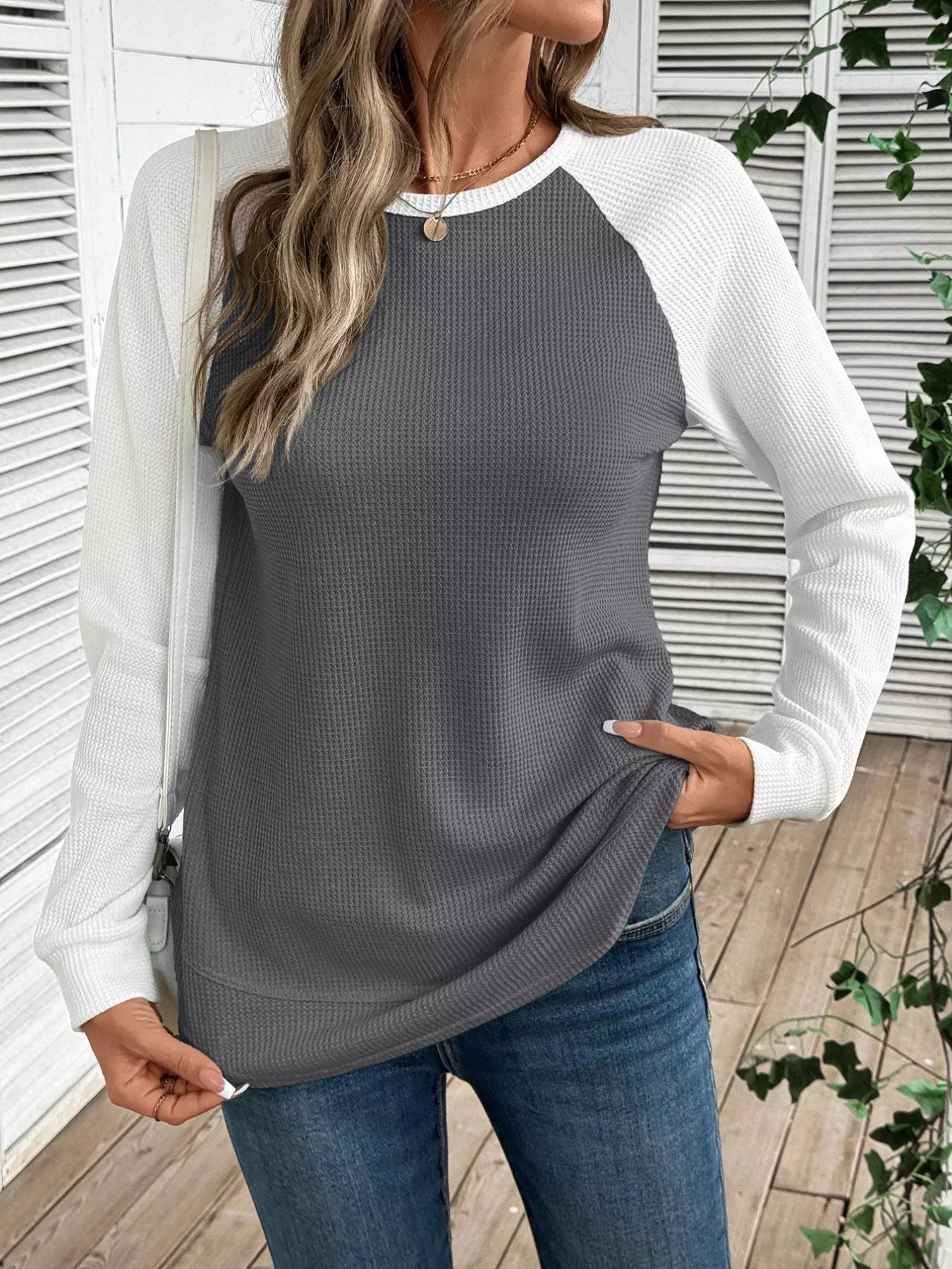 Contrast Raglan Sleeve Waffle Knit T-Shirt 