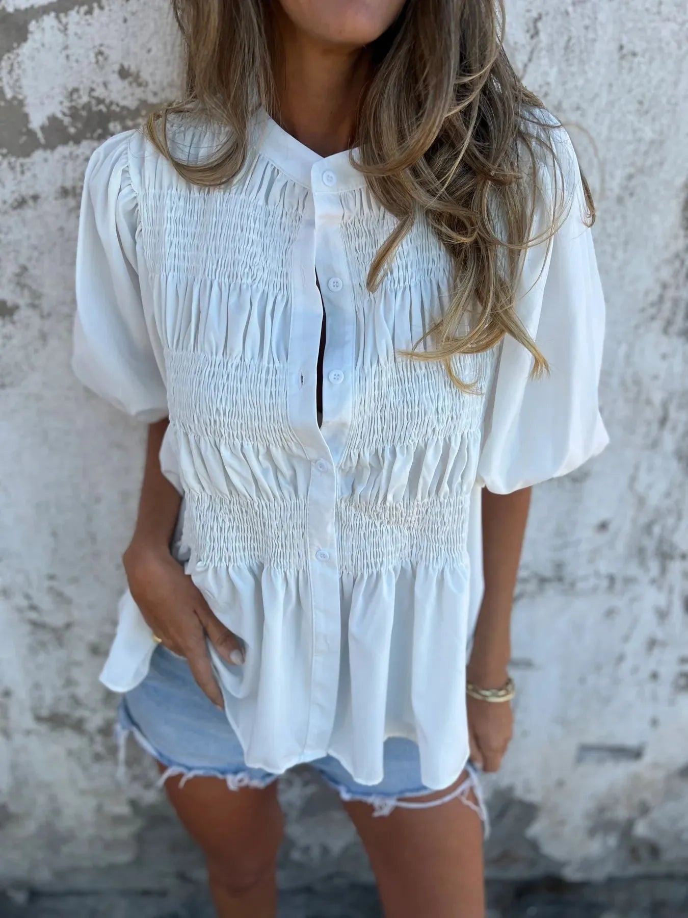 Full Size Smocked Puff Sleeve Blouse Plus Size 