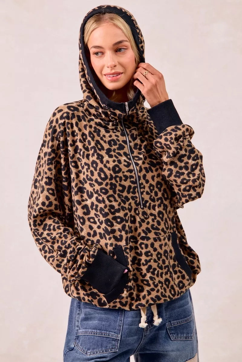 BiBi Leopard Print Waffle Half Zip Up Hoodie W Pocket 