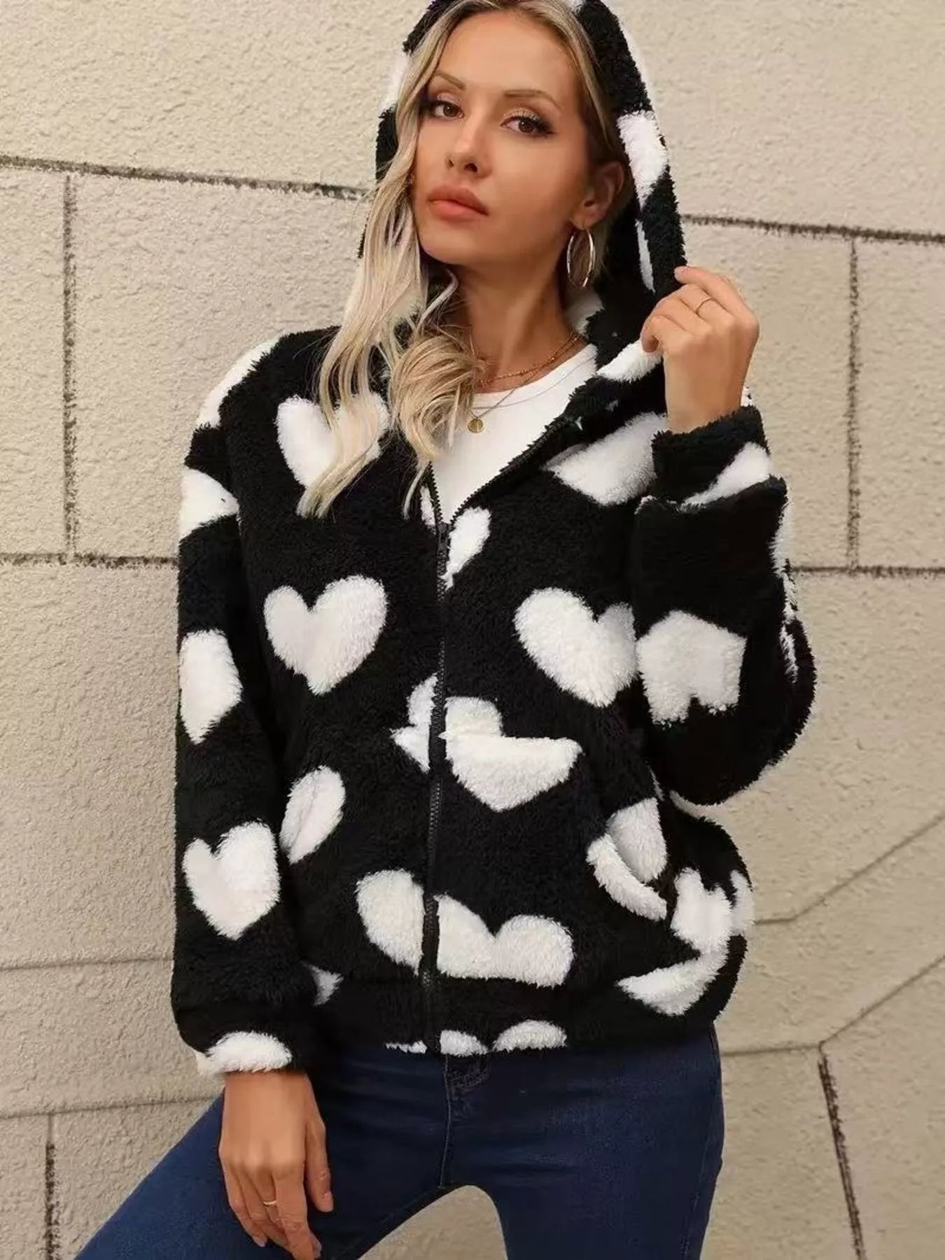 Heart Fuzzy Fleece Zip-Up Outerwear 