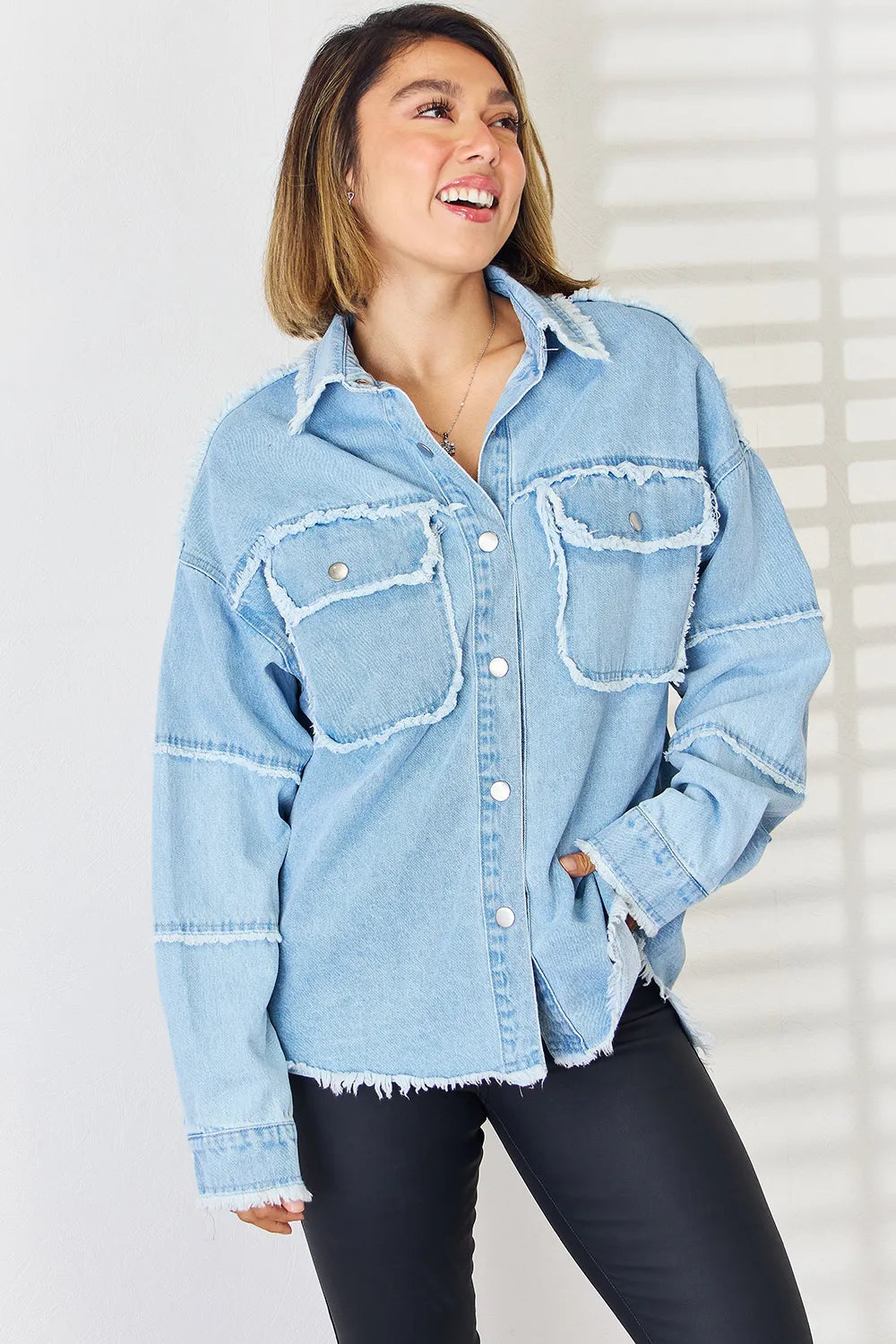 PEACE Raw Hem Dropped Shoulder Denim Top 