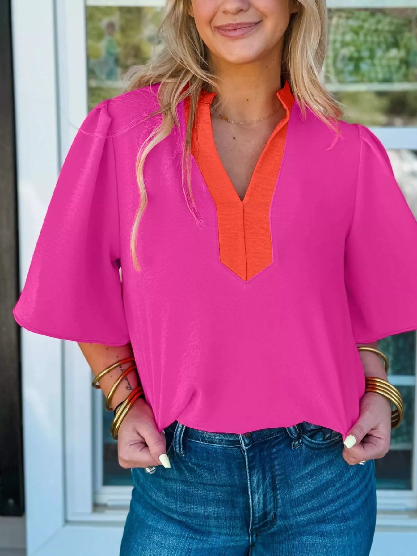Notched Half Sleeve Blouse 