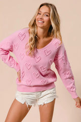 BiBi Valentines Heart Pompom V Neck Knit Top 