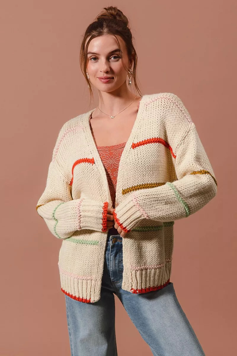 SO ME Loose Fit Multi Stripe Open Front Cardigan 